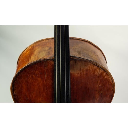 34 - GERMAN CELLO, Mittenwald circa 1860, with 29in (73.7cm) two piece back, in old black leather cloth c... 