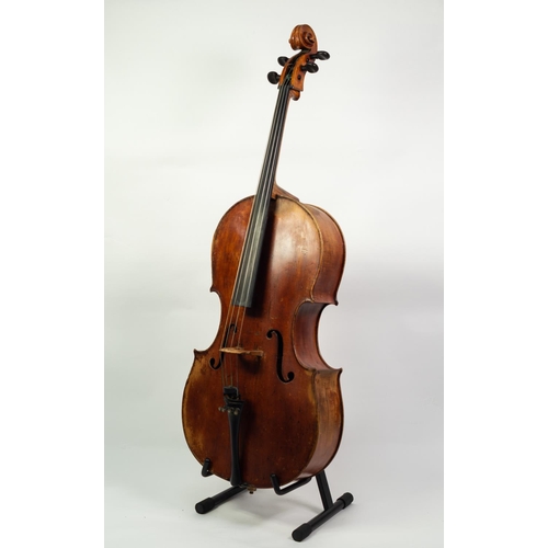 34 - GERMAN CELLO, Mittenwald circa 1860, with 29in (73.7cm) two piece back, in old black leather cloth c... 