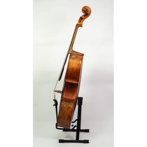 34 - GERMAN CELLO, Mittenwald circa 1860, with 29in (73.7cm) two piece back, in old black leather cloth c... 
