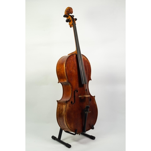 34 - GERMAN CELLO, Mittenwald circa 1860, with 29in (73.7cm) two piece back, in old black leather cloth c... 