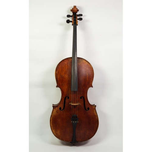34 - GERMAN CELLO, Mittenwald circa 1860, with 29in (73.7cm) two piece back, in old black leather cloth c... 