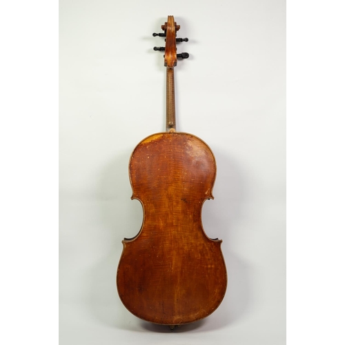34 - GERMAN CELLO, Mittenwald circa 1860, with 29in (73.7cm) two piece back, in old black leather cloth c... 