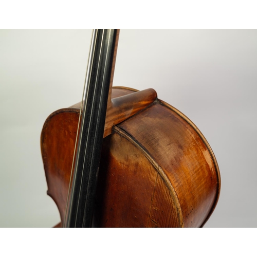 34 - GERMAN CELLO, Mittenwald circa 1860, with 29in (73.7cm) two piece back, in old black leather cloth c... 