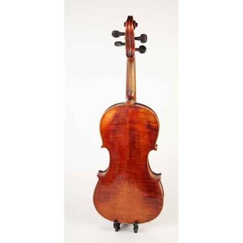 51 - FRENCH, LATE 19th CENTURY UNBRANDED VIOLIN with two piece 14 1/4in (36.2cm) back, in TEXTURED BLACK ... 