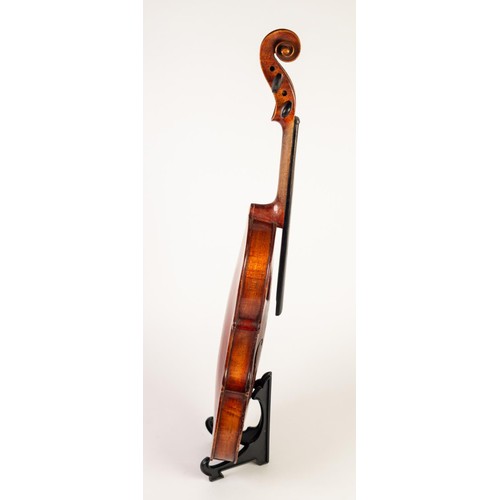 51 - FRENCH, LATE 19th CENTURY UNBRANDED VIOLIN with two piece 14 1/4in (36.2cm) back, in TEXTURED BLACK ... 