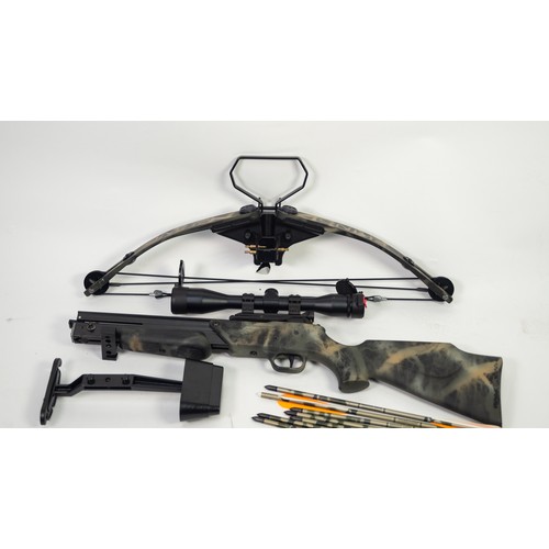 143 - BARNETT RHINO HUNTER CROSSBOW IN CAMO, fitted with a RWS SIGHT, supplied with ORIGINAL SIGHT, BOW QU... 