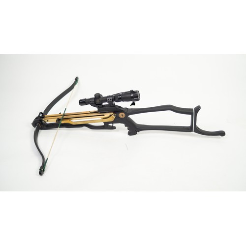 141 - BARNETT ‘COMMANDO’ CROSSBOW IN BLACK AND BRASS, fitted with a SIMMONS WHITETAIL 5X20 SIGHT, in a sof... 
