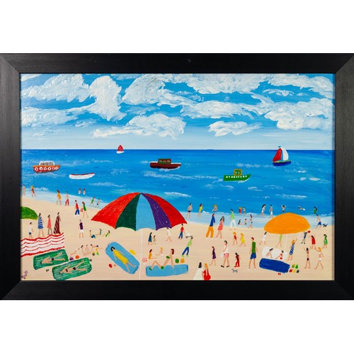 33 - VINCENT DOTT (MODERN) ACRYLIC ON BOARD ‘Perfect Beach Day’ Signed, titled verso 15 ½” x 23 ½” (39.3c... 