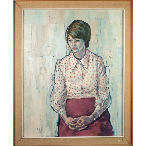 71 - ALBERT B. OGDEN (b.1928) OIL ON CANVAS ‘Elizabeth’, portrait of a lady, seated Initialled and dated ... 