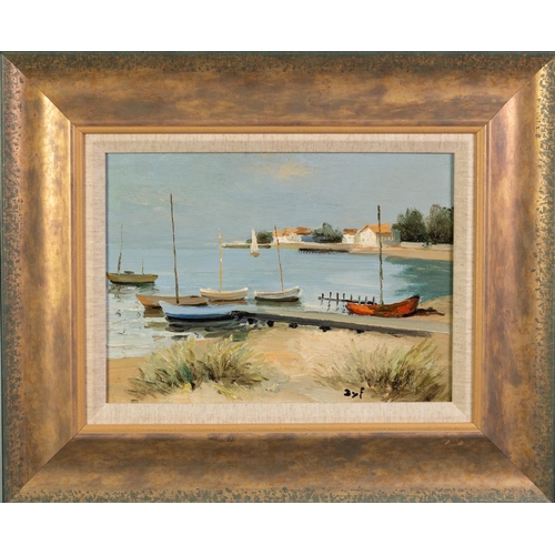 24 - MARCEL DYF (1899-1985) OIL PAINTING ON CANVAS‘The Landing Stage’ Signed, titled to label verso 9” x ... 