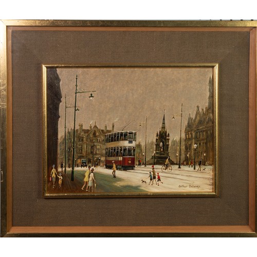 9 - ARTHUR DELANEY (1927-1987)OIL PAINTING Albert Square, Manchester with figures and tram Signed 11 ¾” ... 