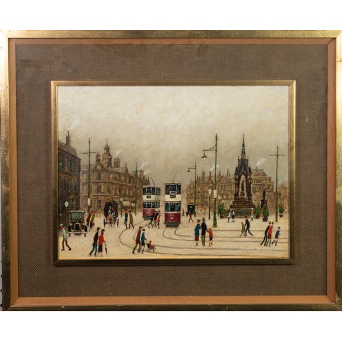 11 - ARTHUR DELANEY (1927-1987) OIL PAINTING Albert Square, Manchester with figures and two tramsSigned 1... 