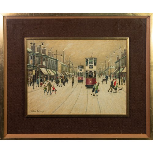 12 - ARTHUR DELANEY (1927-1987) OIL PAINTING Busy street scene with figures and two trams Signed 11 ¾” x ... 