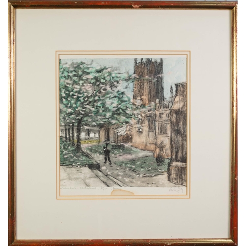 77 - HAROLD RILEY (b.1934) ARTIST SIGNED LIMITED EDITION COLOUR PRINT‘Manchester Cathedral’, (16/25) 12” ... 