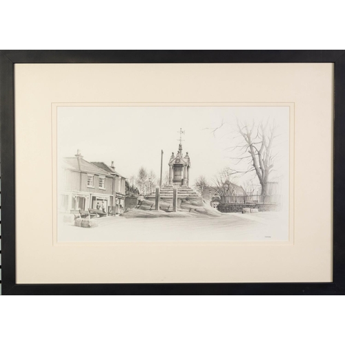 33 - MARC GRIMSHAW (1957) PENCIL DRAWING Lymm Cross Signed lower right 9in x 15 1/4in (23 x 39cm)... 