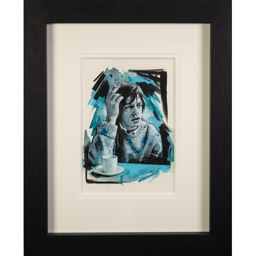 105 - JEN ALLEN (MODERN) MIXED MEDIA ON PAPER‘Mick Jagger’ Signed, titled to gallery label verso 12 ½” x 8... 