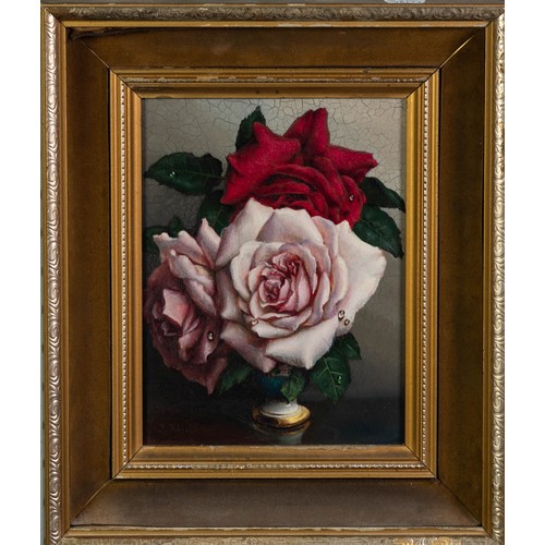 135 - IRENE KLESTOVA (1908-1989) OIL PAINTING ON BOARD Still-Life- Roses Faintly signed 9” x 6 ¾” (22.8cm ... 