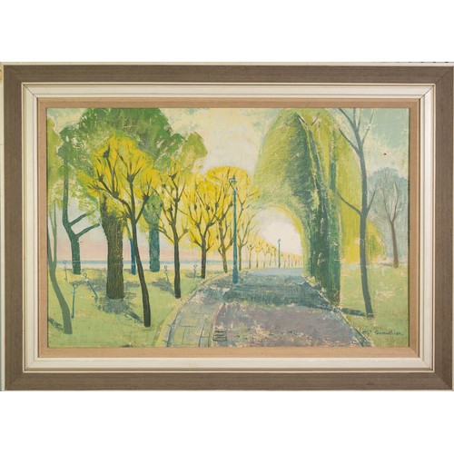 31 - MARGARET GUMUCHIAN (1928 - 1999) OIL PAINTING ON ARTIST'S BOARD Dunoon, with avenue of trees Signed ... 