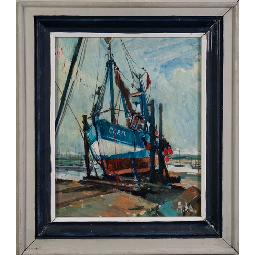 72 - ALBERT B. OGDEN (b. 1928) OIL PAINTING ON BOARD Colchester registered fishing boat drawn up in stock... 