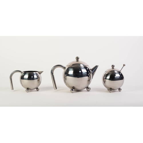 92 - STYLISH MODERN STAINLESS STEEL THREE PIECE BULLET SHAPED TEASET, with drawn handles and ball feet, u... 