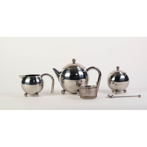 92 - STYLISH MODERN STAINLESS STEEL THREE PIECE BULLET SHAPED TEASET, with drawn handles and ball feet, u... 