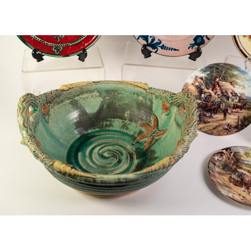 93 - DAVID PITCHER ‘ALL FIRED UP’ STUDIO POTTERY LARGE TWO HANDLED SHALLOW BOWL, applied with star fish a... 