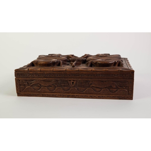 241 - TWENTIETH CENTURY ORIENTAL CARVED HARDWOOD JEWELLERY BOX, of typical form with lift-out tray, the to... 