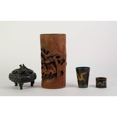 242 - MIXED LOT OF ORIENTAL WARES, comprising: PATINATED BRONZE KORO AND COVER, cast with dragons and rais... 