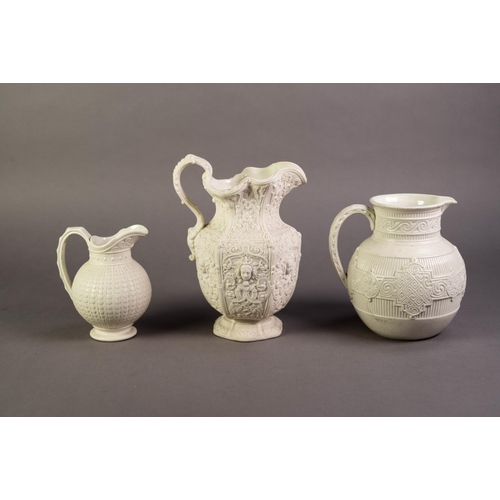 4 - COPELAND OR ATTRIBUTED TO, THREE NINETEENTH CENTURY RELIEF MOULDED AND WHITE GLAZED POTTERY JUGS, in... 