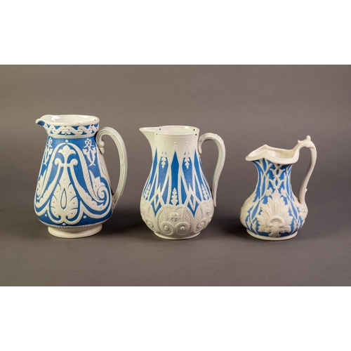 5 - COPELAND OR ATTRIBUTED TO, TWO NINETEENTH CENTURY RELIEF MOULDED POTTERY JUGS, with designs of styli... 