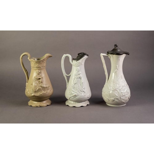 7 - SAMUEL ALCOCK OR ATTRIBUTED TO, TWO NINETEENTH CENTURY RELIEF MOULDED POTTERY JUGS, one lidded and m... 