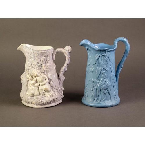 9 - SAMUEL ALCOCK OR ATTRIBUTED TO, TWO NINETEENTH CENTURY RELIEF MOULDED POTTERY JUGS, one ‘babes in th... 