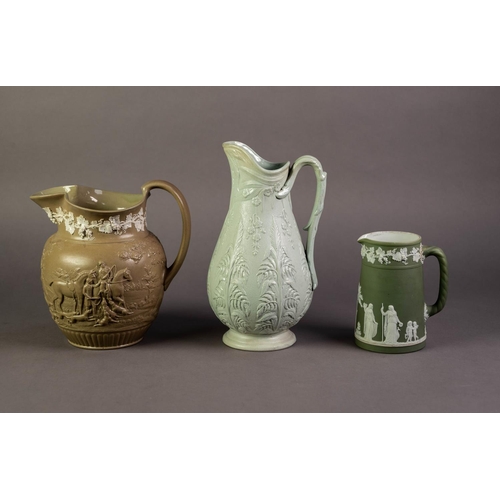 10 - TWO NINETEENTH CENTURY WEDGWOOD RELIEF MOULDED POTTERY JUGS, one modelled with hunting scenes beneat... 