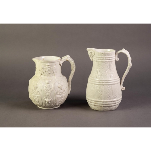 17 - WILLIAM BROWNFIELD OR ATTRIBUTED TO, TWO NINETEENTH CENTURY RELIEF MOULDED POTTERY JUGS GLAZED IN WH... 