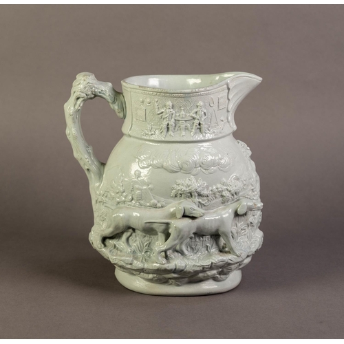 19 - GOOD QUALITY NINETEENTH CENTURY MASONS RELIEF MOULDED POTTERY JUG IN PALE BLUE, moulded with game do... 