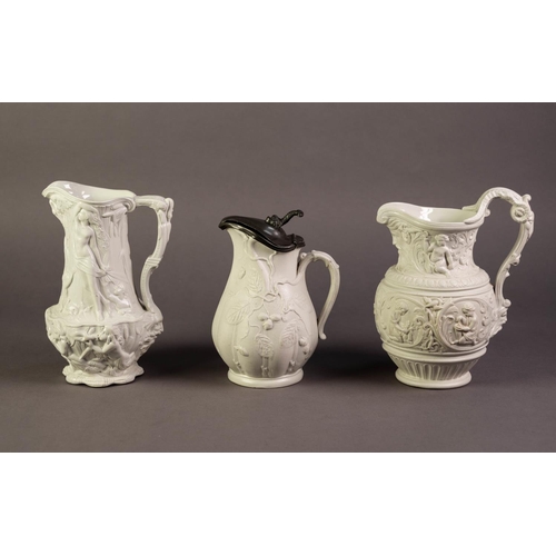 23 - CHARLES MEIGH OR ATTRIBUTED TO, THREE NINETEENTH CENTURY RELIEF MOULDED AND WHITE GLAZED POTTERY JUG... 