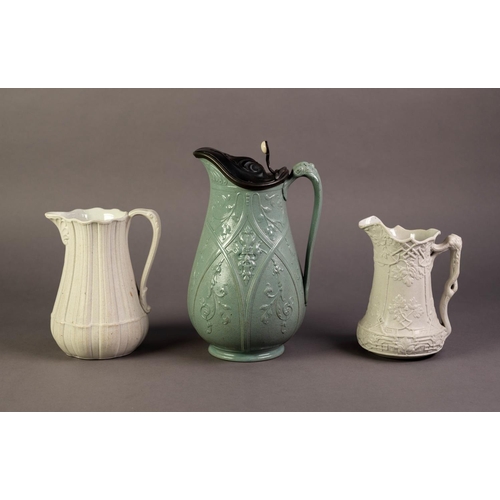 24 - CHARLES MEIGH OR ATTRIBUTED TO, THREE NINETEENTH CENTURY RELIEF MOULDED POTTERY JUGS, including a li... 