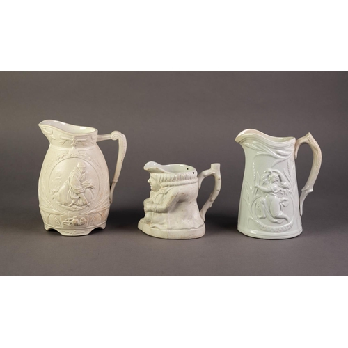 28 - CORK & EDGE OR ATTRIBUTED TO, TWO NINETEENTH CENTURY RELIEF MOULDED AND WHITE GLAZED POTTERY JUG... 