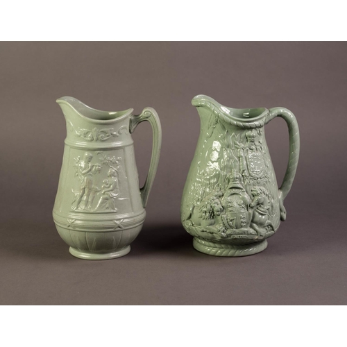 29 - DUDSON OR ATTRIBUTED TO, TWO NINETEENTH CENTURY RELIEF MOULDED AND GREEN GLAZED POTTERY JUGS, one co... 