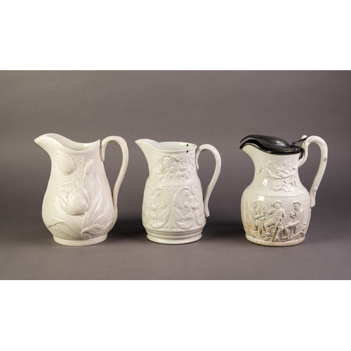 32 - DUDSON OR ATTRIBUTED TO, THREE NINETEENTH CENTURY RELIEF MOULDED AND WHITE GLAZED POTTERY JUGS, incl... 