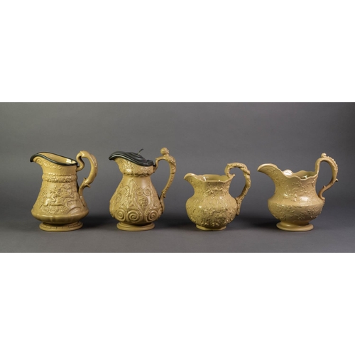 37 - TWO WILLIAM RIDGWAY LIDDED AND BUFF GLAZED, RELIEF MOULDED POTTERY JUGS, including one moulded with ... 