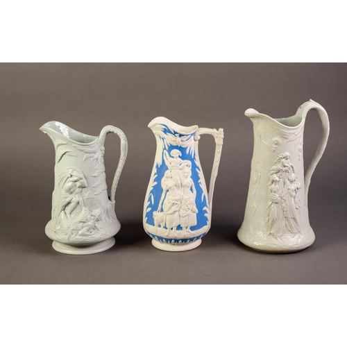 43 - THOMAS TILL & SON OR ATTRIBUTED TO, THREE NINETEENTH CENTURY RELIEF MOULDED POTTERY JUGS, one in... 