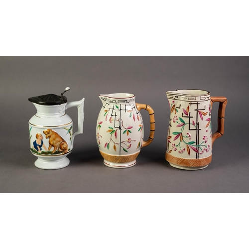 45 - ATTRIBUTED TO BROWNHILLS POTTERY COMPANY, TWO NINETEENTH CENTURY MOULDED POTTERY JUGS IN MATCHING DE... 