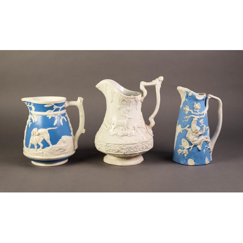 48 - T.J & J MAYER OR ATTRIBUTED TO, TWO NINETEENTH CENTURY RELIEF MOULDED POTTERY JUGS, one moulded ... 