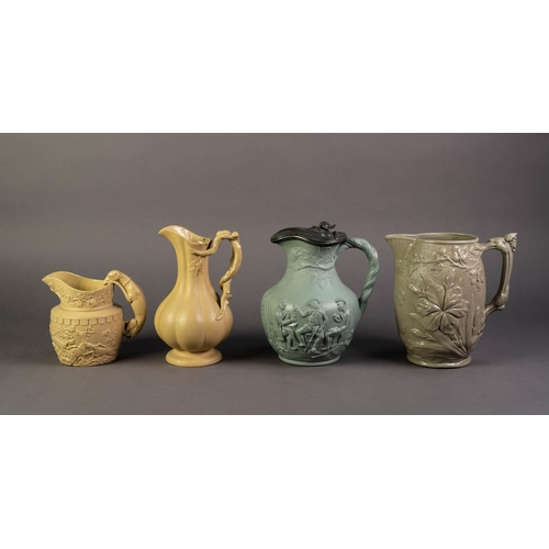 52 - FOUR NINETEENTH CENTURY RELIEF MOULDED POTTERY JUGS, comprising, TWO BUFF GLAZED EXAMPLES, ONE ATTRI... 