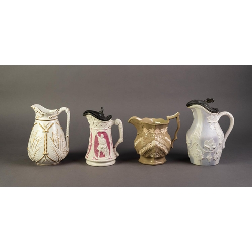 53 - FOUR NINETEENTH CENTURY RELIEF MOULDED POTTERY JUGS, comprising: A LIDDED EXAMPLE IN PINK AND WHITE,... 