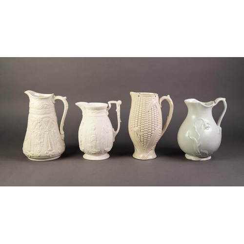 55 - FOUR NINETEENTH CENTURY WHITE OR OFF WHITE GLAZED RELIEF MOULDED POTTERY JUGS, comprising: A ‘KENSIN... 