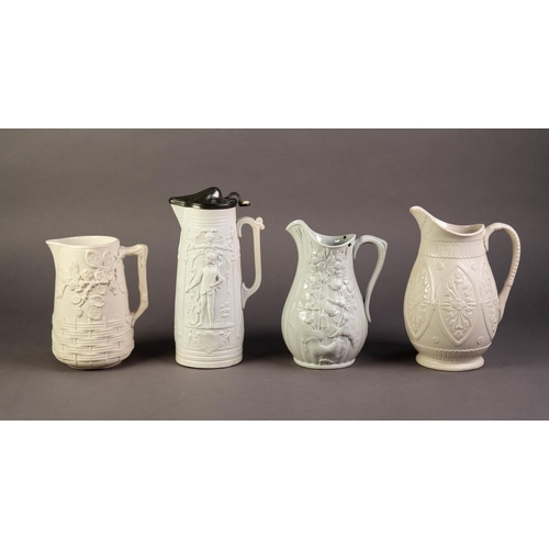 56 - FOUR NINETEENTH CENTURY WHITE GLAZED AND RELIEF MOULDED POTTERY JUGS, comprising: a LIDDED EXAMPLE, ... 