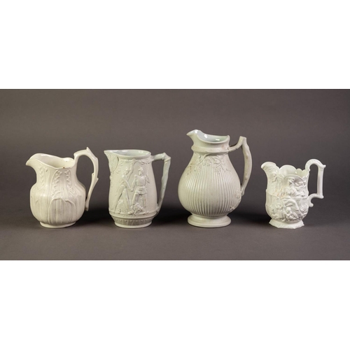 57 - FOUR NINETEENTH CENTURY WHITE GLAZED AND RELIEF MOULDED POTTERY JUGS, comprising: ONE ATTRIBUTED TO ... 