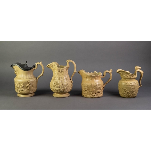 59 - FOUR UNATTRIBUTED NINETEENTH CENTURY BUFF GLAZED AND RELIEF MOULDED POTTERY JUGS, including a LIDDED... 